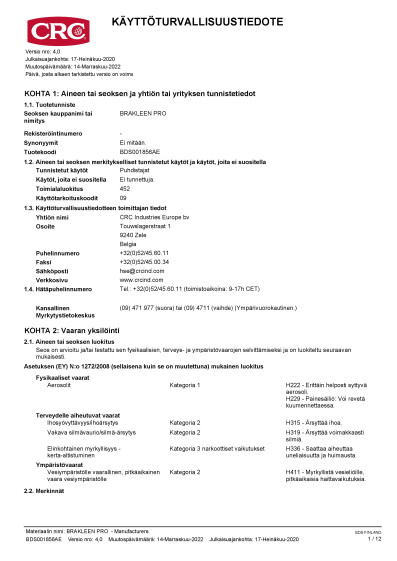 BRAKLEEN PRO Manufacturers sds finland Finnish 4 BDS001856AE