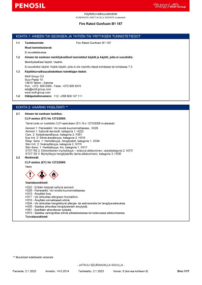 Penosil palopistoolivaahto B1 750ml 187 Penosil Fire Rated Gunfoam B1 187 SDS fi FI