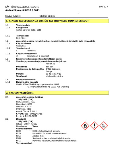 AERFAST paineilmanaulainten spray Aerfast Spray oil 8610 8611 FIN