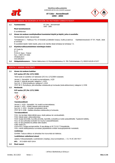 Kayttoturvallisuustiedote AT Color Aerosolimaali 1050 2050