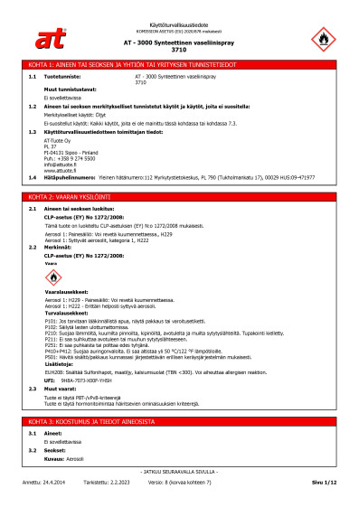 Kayttoturvallisuustiedote AT 3000 Synteettinen vaseliinispray 3710