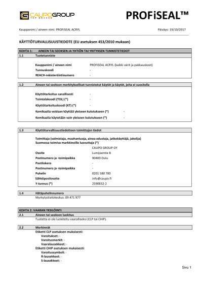 PROFiSEAL ACRYL kayttoturvallisuustiedote