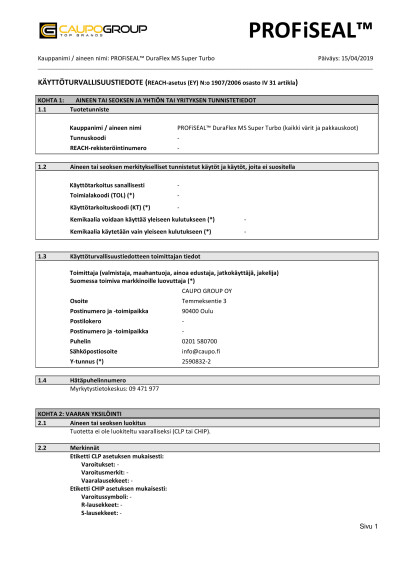 PROFiSEAL DuraFlex MS Super Turbo kayttoturvallisuustiedote