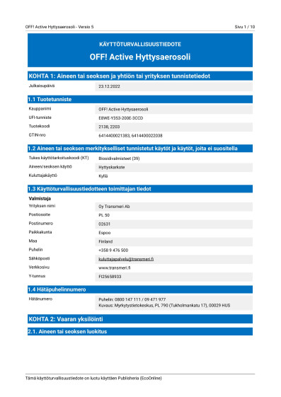 2203 2138 OFF Active Hyttysaerosoli