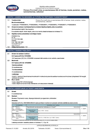 FINNSCO PRO LINE LIIMA  JA SAUMAMASSA HARMAA MUSTA PUNAINEN RUSKEA TUMMANHARMAA VALKOINEN KTT