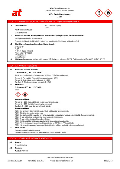 Kayttoturvallisuustiedote AT Desinfiointispray 7110