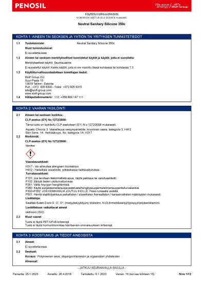 KTT Penosil Neutral Sanitary Silicone 350c SDS fi FI