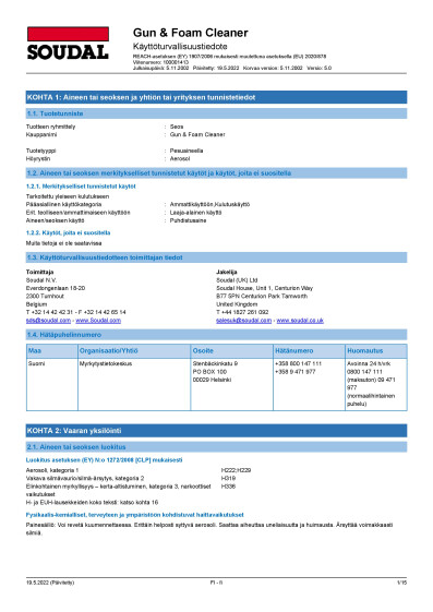 SOUDAL GunFoam Cleaner puhdistusaine SDS100001413FI FI 5 0 Gun Foam Cleaner