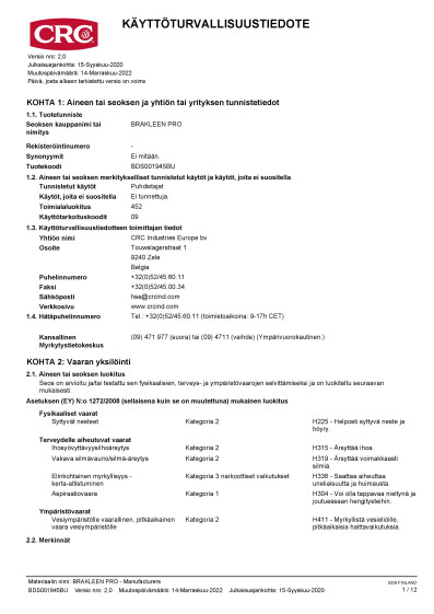 BRAKLEEN PRO Manufacturers sds finland Finnish 2 BDS001945BU