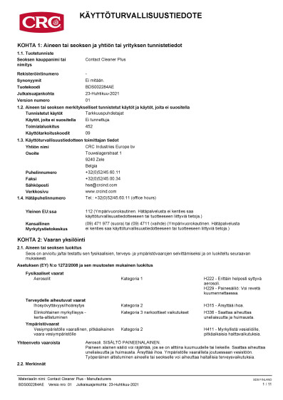 Contact Cleaner Plus Manufacturers sds finland Finnish 1 BDS002284AE