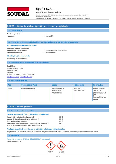 SOUDAL Epofix 82A 2K epoksiliima SDS100001453FI FI 5 0 Epofix 82A
