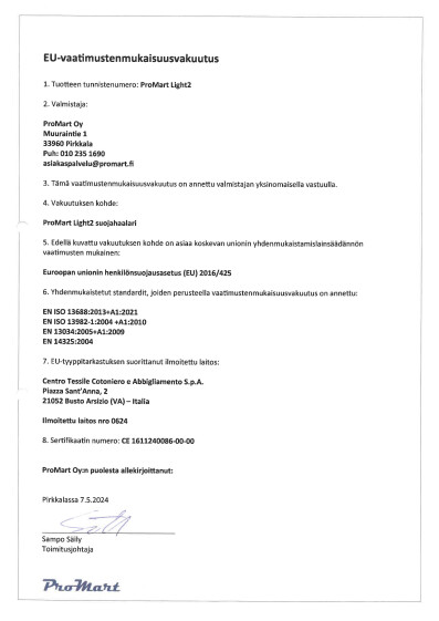 Vaatimuksenmukaisuusvakuutus ProMart Light2 suojahaalari