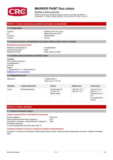 MARKER PAINT fluo colors kayttoturvallisuustiedote FI