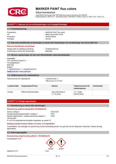 MARKER PAINT fluo colors Sakerhetsdatablad SV