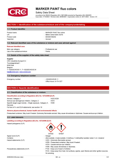 MARKER PAINT fluo colors Safety Data Sheet EN