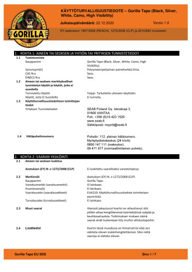 Gorilla tape kayttoturvallisuustiedote