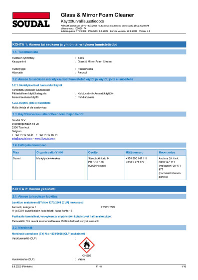 Kayttoturvallisuustiedote Soudal Glass Mirror Foam Cleaner FI