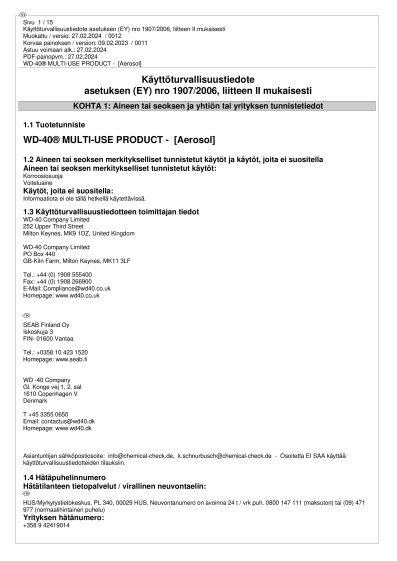 Kayttoturvallisuustiedote WD40 Monitoimioljy FI