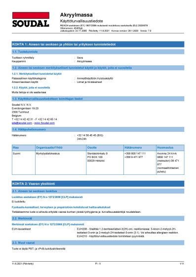 Kayttoturvallisuustiedote Soudal Akryylimassa FI