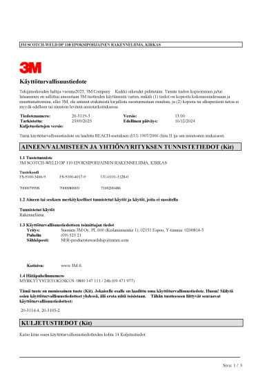 Kayttoturvallisuustiedote 3M DP 110 epoksiliima FI