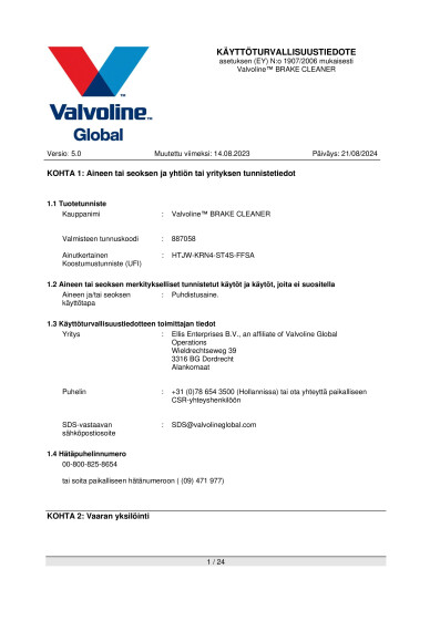 Kayttoturvallisuustiedote Valvoline Brake Cleaner jarrupuhdistaja FI