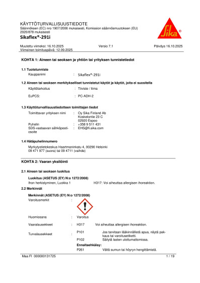 Kayttoturvallisuustiedote Sikaflex 291i FI