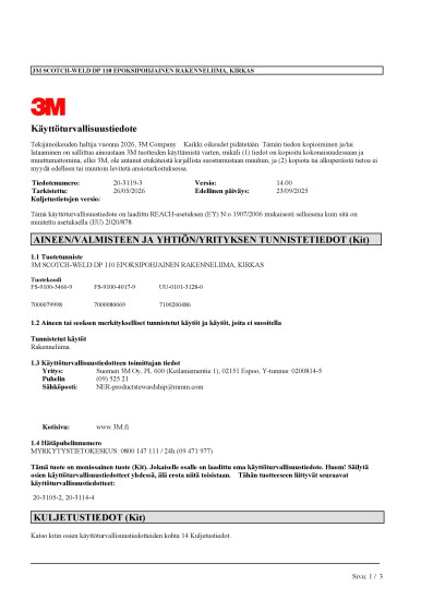 Kayttoturvallisuustiedote 3M DP 110 epoksiliima kirkas 50ml FI