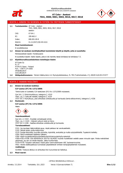 Kayttoturvallisuustiedote AT Color Asetoni 7041 9000 9001 9003 9016 9017 9018