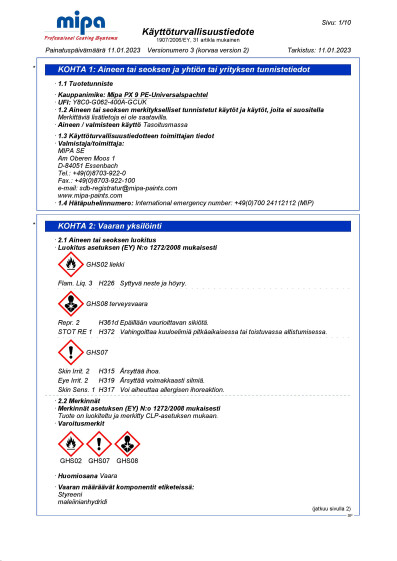 Kayttoturvallisuustiedote Mipa polyesterikitti PX9 FI