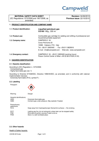 Safety data sheet Liquefied petroleum gas CG190 14910190 EN