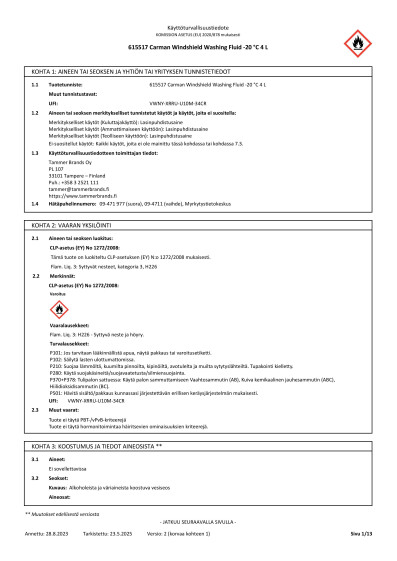Kayttoturvallisuustiedote Carman lasinpesuneste 20C 4L 615517 FI