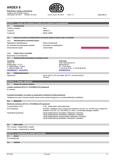 ARDEX 8 kayttoturvallisuustiedote