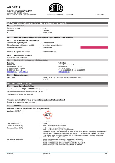 ARDEX 9 kayttoturvallisuustiedote