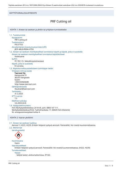 Kayttoturvallisuustiedote PRF Cutting oil FI