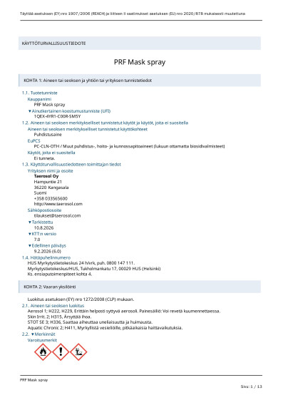 Kayttoturvallisuustiedote PRF Mask spray FI