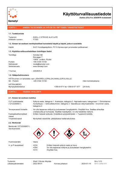 PKB5 Teho  Shell pienkonebensiini 2 T 5L SDS SE000038 Kemetyl Ab 280899 Shell 2T Pienmoottoribensiini 5 L ID 509432