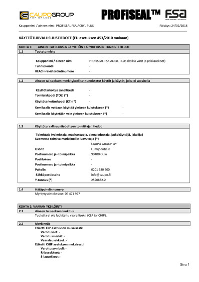 PROFiSEAL FSA Acryl Plus kayttoturvallisuustiedote